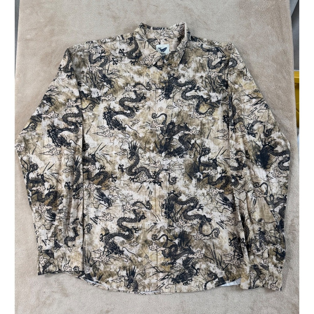 Yiume Blackโ Dragon Print AOP Shirt Men's 3XL Tan Button Down Long Sleeve EUC